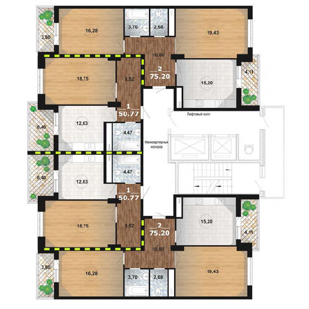 План секций №1, №2, №3 плана типового этажа дома, квартиры в новом ЖК Краснодар