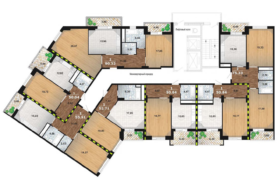 План секций №4 плана типового этажа дома, квартиры в новом ЖК Краснодар